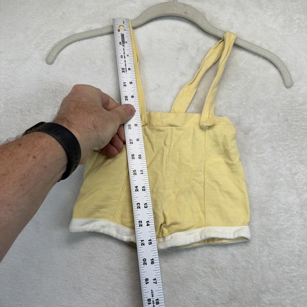 Vintage Baby Yellow Suspender Shortalls Romper White Cuff Snap Crotch Unisex